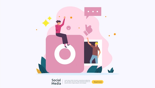 Concept De Réseau Et D'influence De Médias Sociaux Avec Un Personnage De Jeunes Dans Un Style Plat