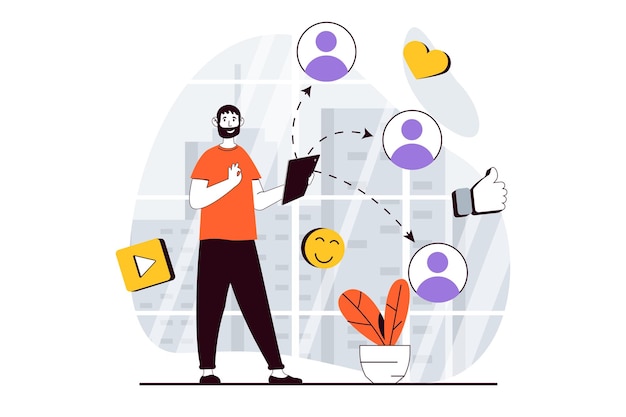 Concept de réseau social avec des personnes scène en design plat pour le web Homme en train de discuter avec des amis en regardant du contenu vidéo aimes et commentaires Illustration vectorielle pour le matériel de marketing de bannières de médias sociaux