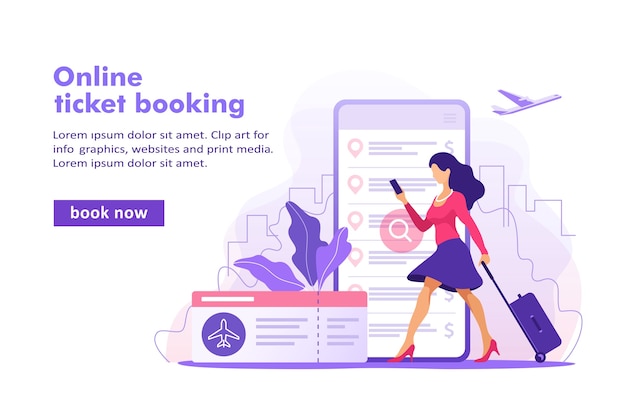 Vecteur concept de réservation en ligne de billets d'avion achat de billets avec bannière smartphone