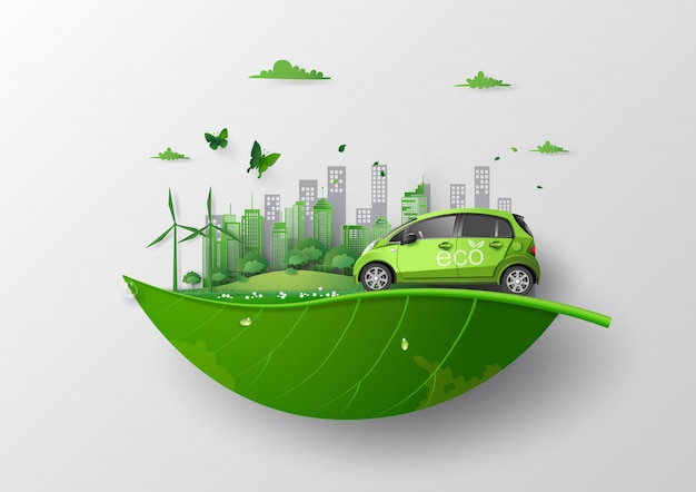 Vecteur concept de respect de l'environnement avec voiture écologique.