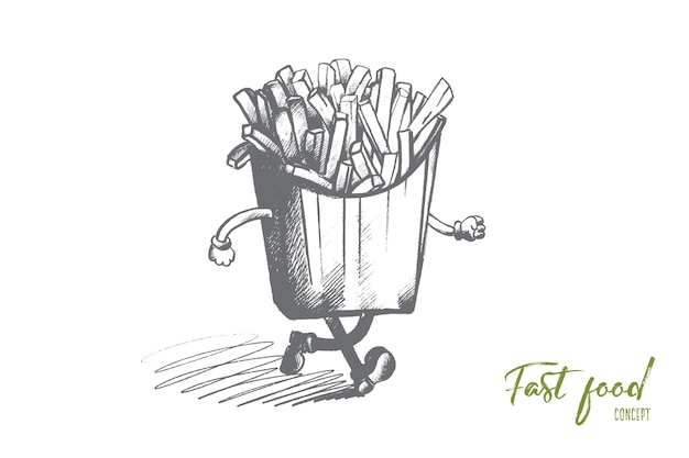 Concept de restauration rapide. Frites dessinées à la main dans un emballage en papier avec les mains et les jambes. Illustration isolée de pommes de terre frites.