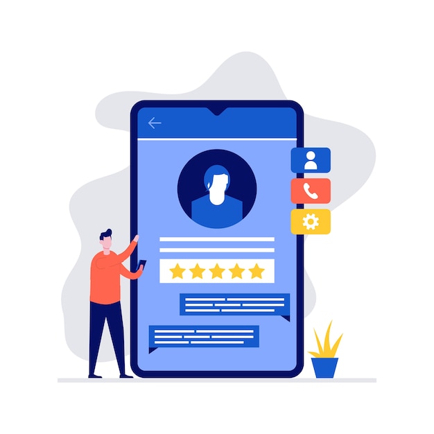 Concept De Rétroaction Du Service Client Avec Personnage Debout Près De Gros Smartphone.