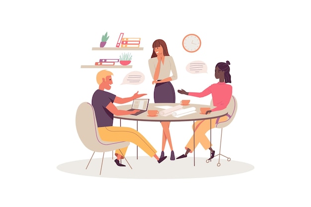Concept de réunion d'affaires avec scène de personnes dans le style de dessin animé La directrice a réuni tous ses assistants