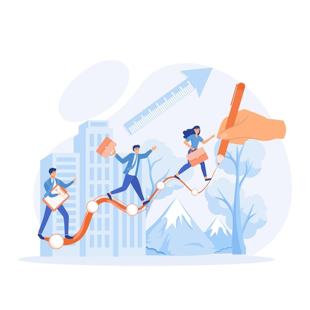 concept de réussite de carrière de leadership Les gens d'affaires marchent sur la ligne de graphique d'augmentation