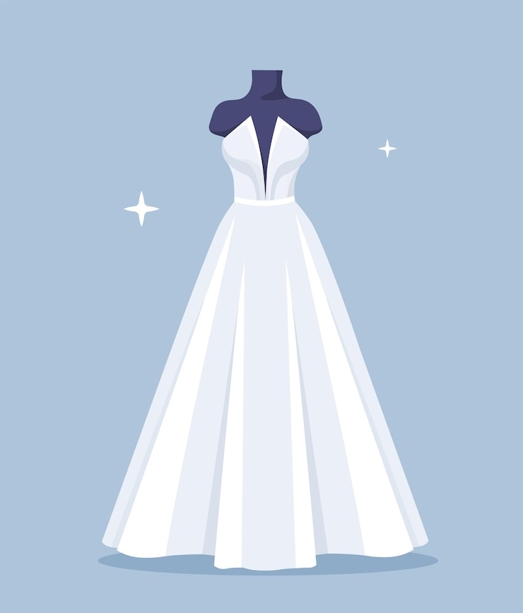 Vecteur concept de robe de mariée de mode mannequin noir avec des vêtements tendance et style esthétique et élégance affiche ou bannière illustration vectorielle plate de dessin animé isolée sur fond bleu