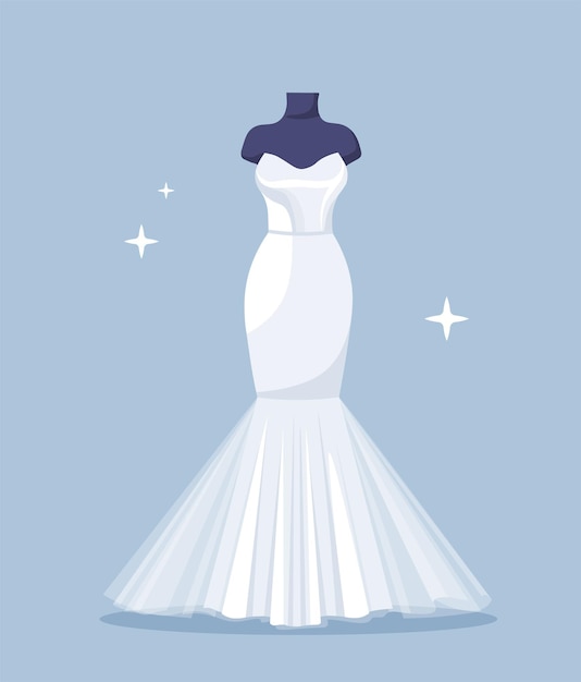 Concept De Robe De Mariée De Mode Mannequin Noir Avec Vêtements Tendance Et Style Esthétique Et élégance Cérémonie De Mariage Illustration Vectorielle Plate De Dessin Animé Isolée Sur Fond Bleu