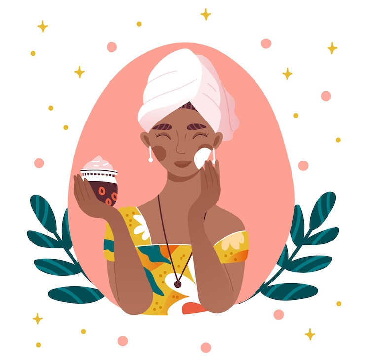 Vecteur le concept de routine de soins de la peau une belle femme avec une serviette sur la tête s'applique de la crème sur le visage