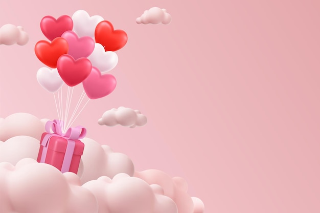 Concept De La Saint-valentin. Vol D'air Chaud Coeur 3d Avec Boîte-cadeau Sur Fond De Nuage. Concept D'amour Pour La Bonne Fête Des Mères, La Saint-valentin, Le Jour De L'anniversaire. Illustration Vectorielle