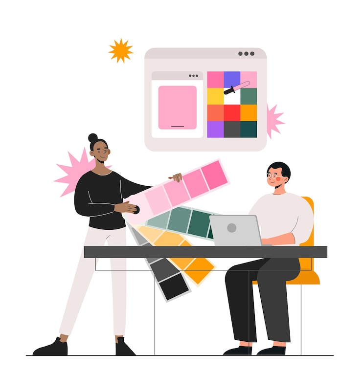 Vecteur concept de scène de studio de conception homme et femme avec palette avec couleurs collègues et partenaires