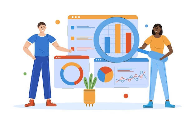 Vecteur concept de science des données femme avec loupe et homme regardez l'illustration vectorielle infographique