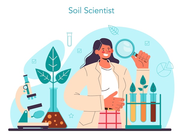 Concept De Science Du Sol. étude Des Ressources Naturelles Et Analyse De La Structure Chimique, Test Du Sol En Laboratoire. Scientifique Mesurant Un Niveau De Pollution, Soins écologiques. Illustration Vectorielle Plane