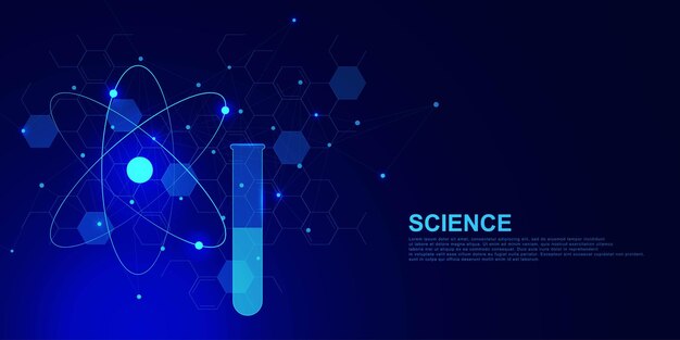 Vecteur concept scientifique et chimique avec symbole atomique structure moléculaire et tube sur technologie bleue