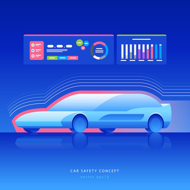 Concept De Sécurité Automobile. Voiture Futuriste Avec Détection Et Communication, Illustration