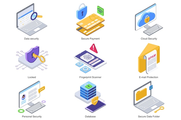 Concept De Sécurité Des Données Ensemble D'icônes Isométriques 3d Pack éléments De Paiement Sécurisé Verrouillé Base De Données De Protection Des E-mails Du Scanner D'empreintes Digitales Et Dossier Sécurisé Illustration Vectorielle Dans La Conception D'isométrie Moderne