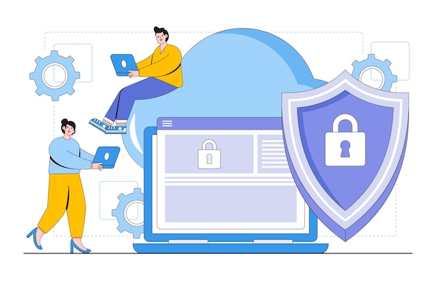 Concept de sécurité informatique en nuage plat avec des personnages de personnes Style de conception de contour pour les images de héros d'infographie de bannière web de page de destination