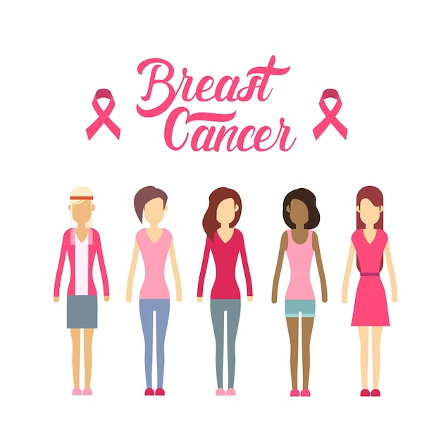 Vecteur concept de sensibilisation au cancer du sein du groupe de jeunes filles