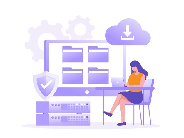 Concept de serveur de données Base de données du système de cloud de la technologie de stockage Modèle de scène de personnes Illustration vectorielle avec des activités de personnage au design plat pour le centre de données de dossier de site Web