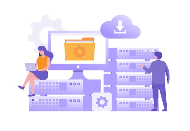Concept de serveur de données Base de données du système de cloud de la technologie de stockage Modèle de scène de personnes Illustration vectorielle avec des activités de personnage au design plat pour le centre de données de dossier de site Web