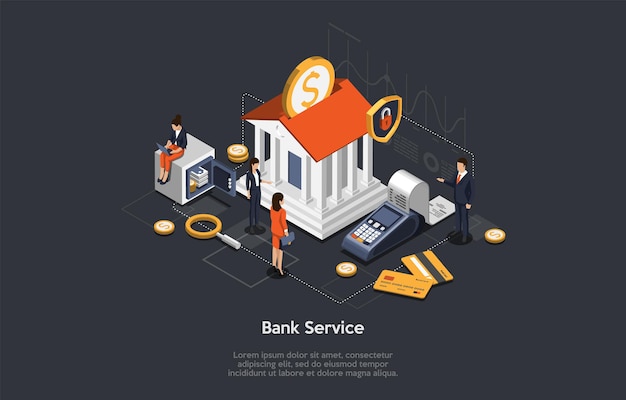 Vecteur concept de service bancaire isométrique, d'épargne et d'investissement. les gens d'affaires et les employés près du bâtiment de la banque. les personnages attendent la consultation de la banque. service vip à la clientèle de la banque.