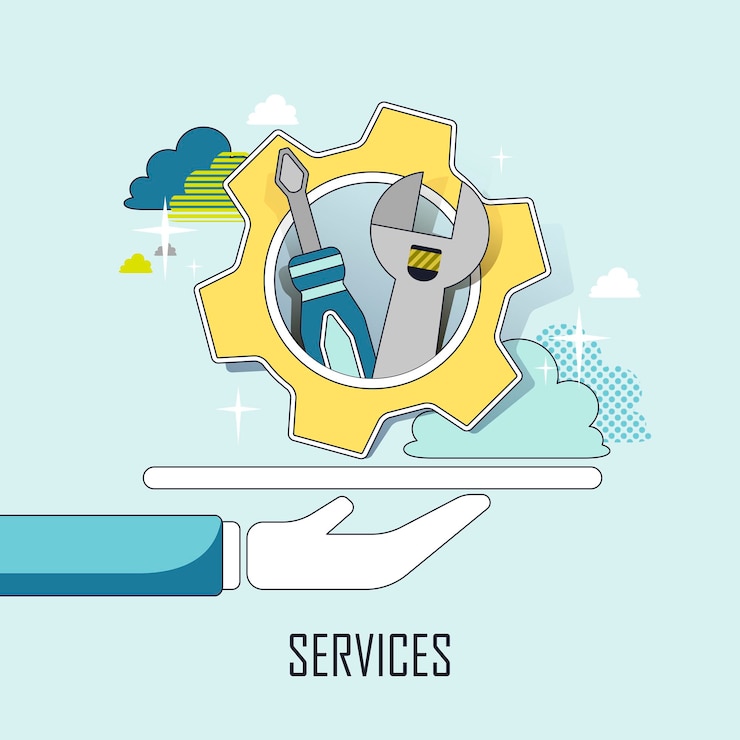 Vecteur concept de service client : une main tenant des outils dans le style de ligne