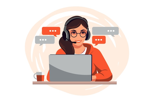 Concept de service à la clientèle Femme avec écouteurs et microphone avec ordinateur portable Appel d'assistance de support
