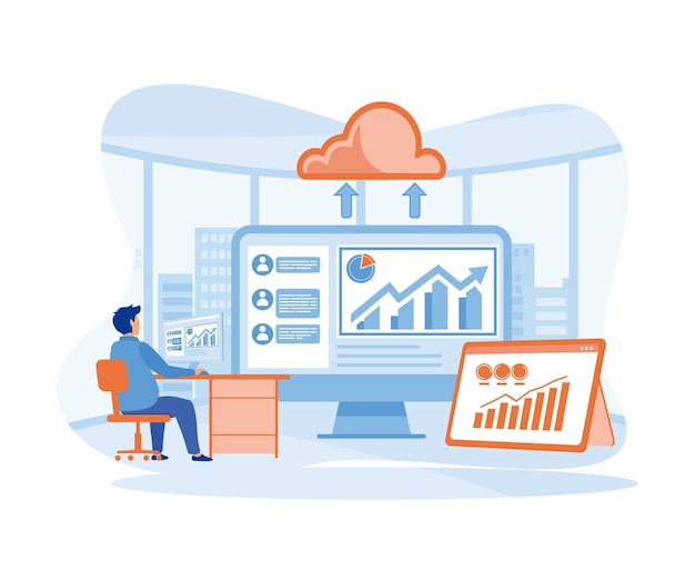 Concept de service de cloud computing et avec l'équipe de développeurs travaillant sur le concept de moniteur de tableau de bord