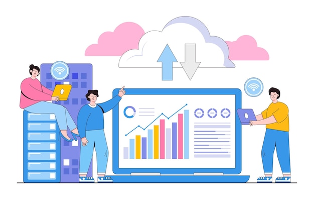 Concept De Service De Cloud Computing De Technologie D'entreprise Plate équipe D'administrateurs Et De Développeurs Connectant Le Serveur De Stockage De Centre De Données Illustration Vectorielle Minimale De Style De Conception De Contour