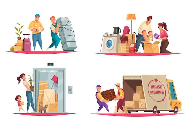 Concept de service de déménagement de maison 4 compositions de dessins animés avec des déménageurs emballeurs transportant les effets personnels de la famille dans l'illustration de la camionnette