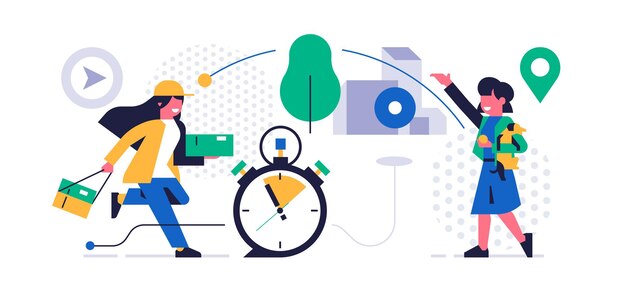Concept de service de livraison de colis en ligne Service en ligne pour la livraison rapide de colis à votre domicile Une femme de messagerie court avec une commande pour une fille avec un chien Chronomètre de la ville Illustration vectorielle plane