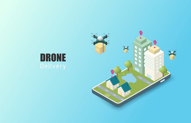 Concept De Service De Livraison En Ligne. Isométrique. Suivi De Commande Mobile. Livraison De Drones à Destination. Logistique Urbaine En Ligne. Livraison Sur Smartphone.