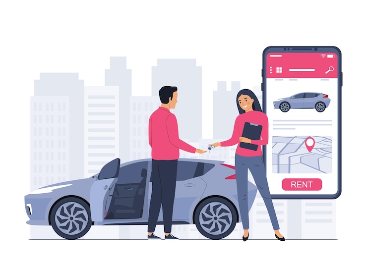 Vecteur concept de service de location de voitures via smartphone employée remettant les clés à un client masculin