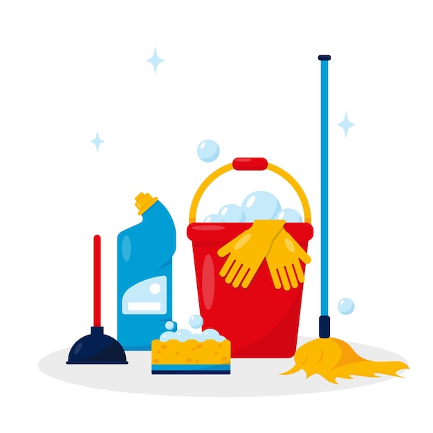 Concept de service de nettoyage. Produits et outils d'entretien ménager.