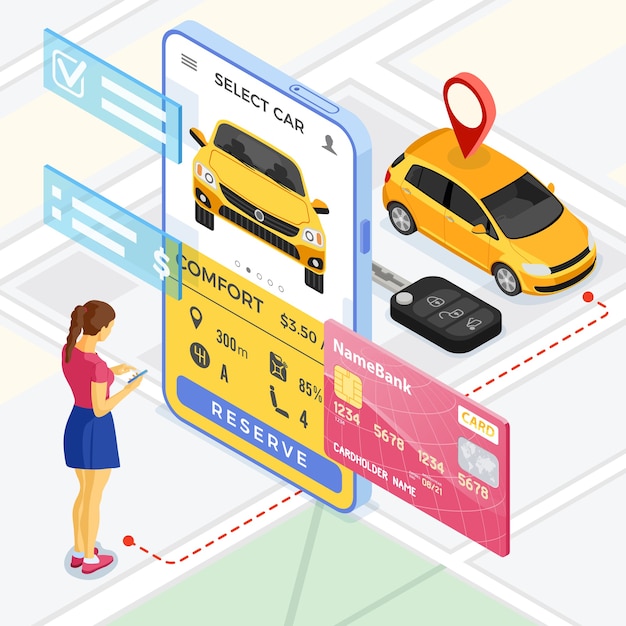 Concept de service de partage de voiture. Femme en ligne choisissez une voiture pour l'autopartage. Location d'auto, covoiturage, partagée pour les déplacements en ville via une application mobile. Isométrique