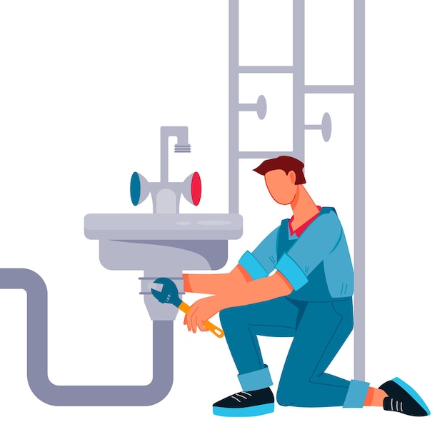 Concept de service de plomberie un réparateur ou un plombier au travail Réparation et nettoyage professionnels de l'équipement de canalisation et de salle de bain illustration vectorielle plane isolée