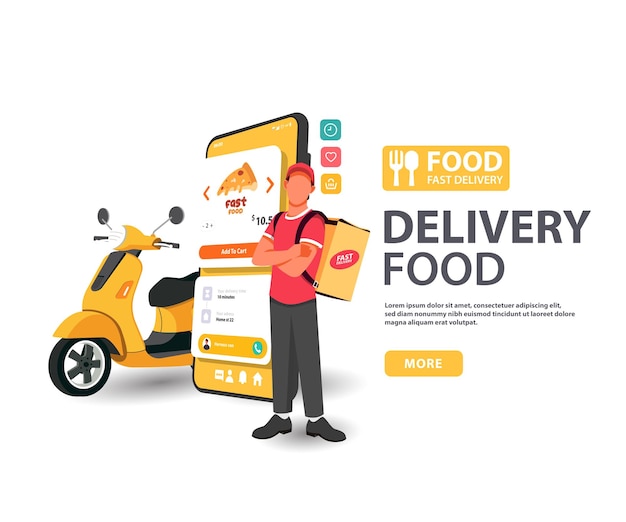 Concept de service de restauration de livraison Courrier dans les plats à emporter avec scooter Illustration vectorielle