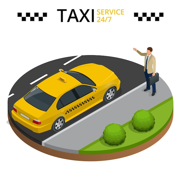 Concept De Service De Taxi 24h/24. Jeune Homme Levant Le Bras Pour Appeler Un Taxi. Illustration Isométrique De Vecteur Plat 3d