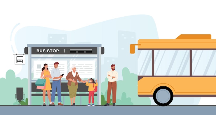 Vecteur concept de service de transport public personnes passagers sur la gare routière en attente de transport de banlieue au paysage de la ville