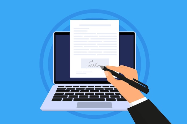 Concept de signature électronique isométrique Signature électronique sur ordinateur portable Formule numérique de document électronique attachée au document transmis par voie électronique Illustration vectorielle