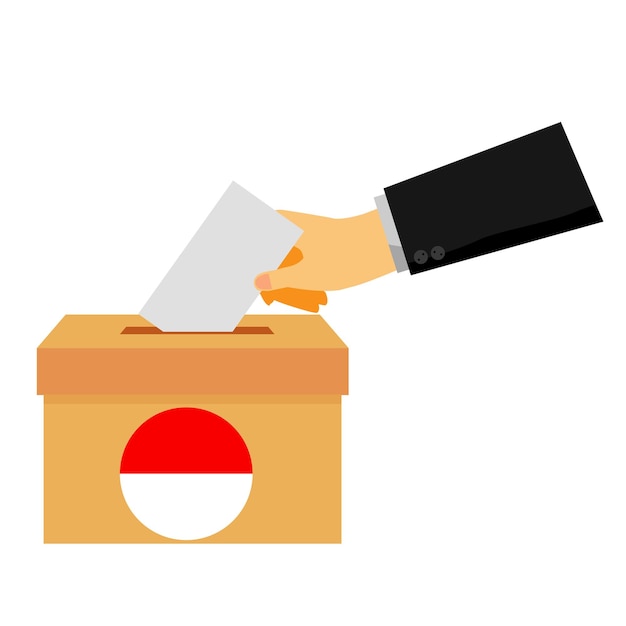 Vecteur concept simple de vecteur, la main de l'homme utilisant un smoking donne un vote papier aux élections indonésiennes