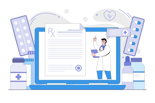 Concept de soins médicaux virtuels de télésanté Conseils de médecin d'admission à distance Illustration vectorielle minimale de style de conception de contour pour les images de héros de bannière web de page de destination infographie