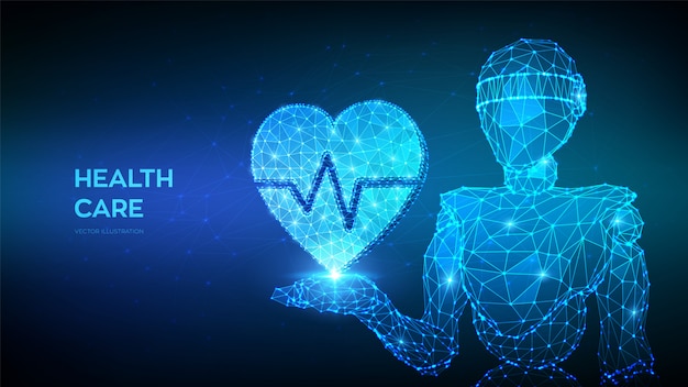 Concept De Soins De Santé, Médecine Et Cardiologie. Robot Polygonal Bas Abstrait Tenant Coeur Avec Ligne De Battement De Coeur à La Main.