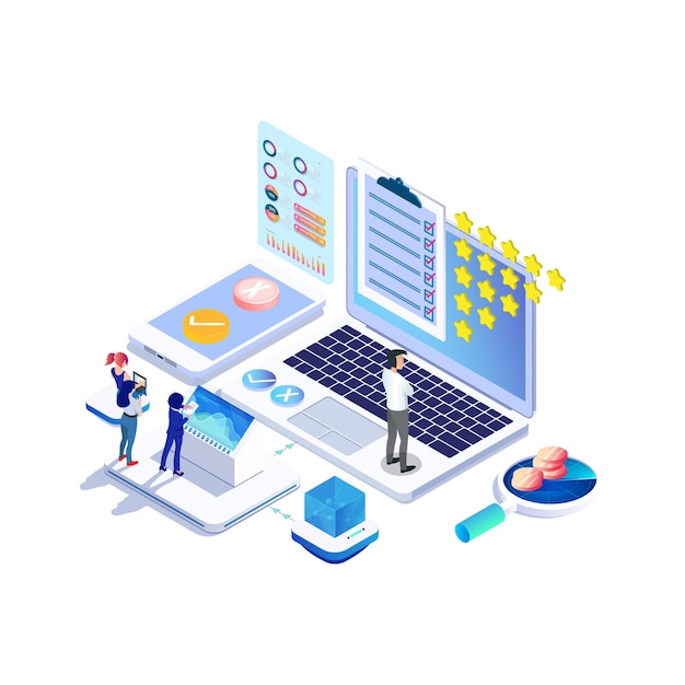 Vecteur concept de sondage en ligne isométrique avec bulle étoile de notation pour les services de produits d'application