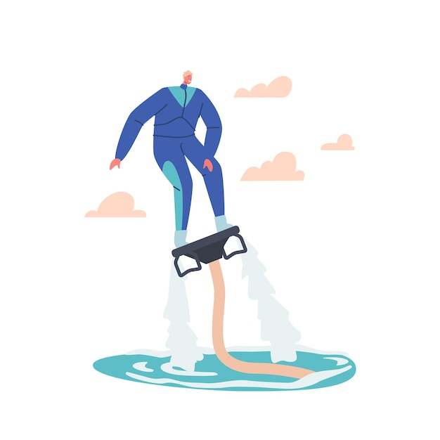 Vecteur concept de sports nautiques extrêmes. fly board rider professionnel dans la mer tropicale faisant des cascades, des vacances d'été en plein air, une activité sportive au jet d'eau de caractère sportif. dessin animé, gens, vecteur, illustration