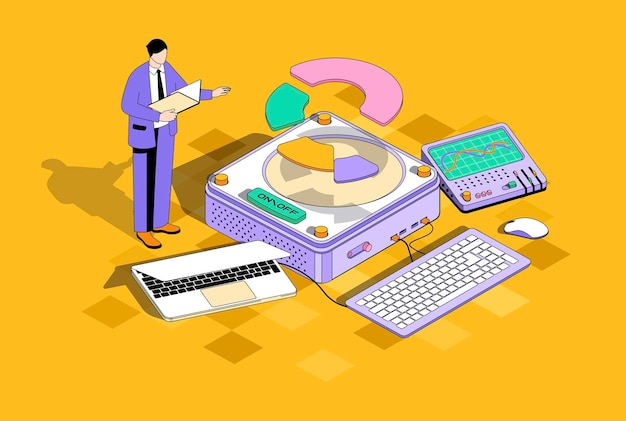 Concept de statistiques d'entreprise dans la conception isométrique 3d L'homme analyse les données et fait des études de rapports financiers graphiques d'études de marché Illustration d'isométrie vectorielle avec scène de personnes pour graphique Web