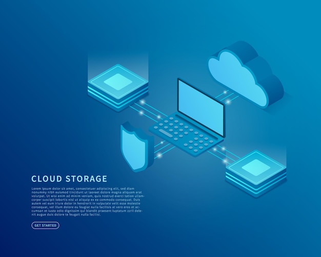 Concept de stockage en nuage en illustration vectorielle isométrique Service ou application numérique avec transfert de données Base de données de serveur numérique et service de cloud computing Illustration vectorielle