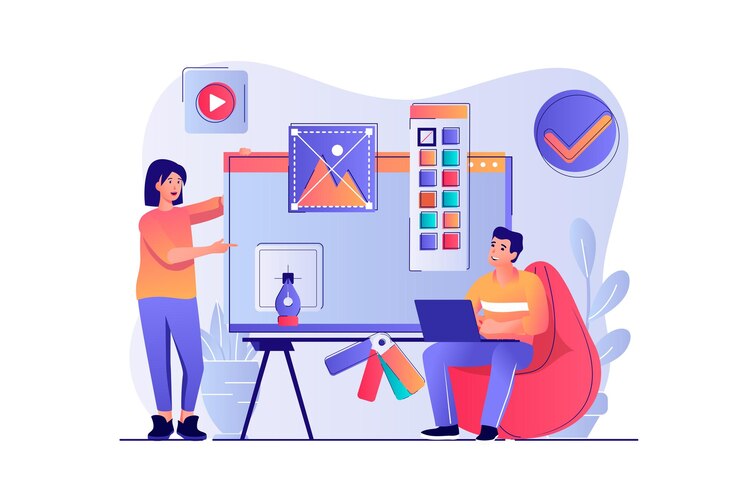 Vecteur concept de studio de design avec scène de personnes femme et homme dessinant des éléments et une équipe de graphistes créent la mise en page du site web en agence illustration vectorielle avec des personnages en design plat pour le web