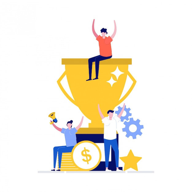 Concept de succès d'équipe avec des personnages et un grand trophée.