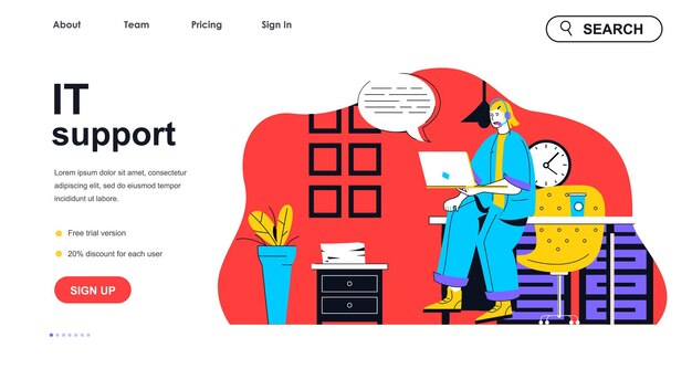 Concept de support informatique pour le modèle de page de destination Une opératrice résout les problèmes des utilisateurs de logiciels Scène de personnes de service de support technique Illustration vectorielle avec conception de personnage plat pour bannière web