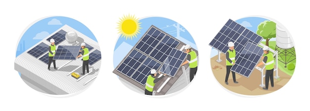 Vecteur concept de symboles de service d'équipe d'installation de toit de cellule solaire pour la maison et la ferme d'entrepôt d'usine