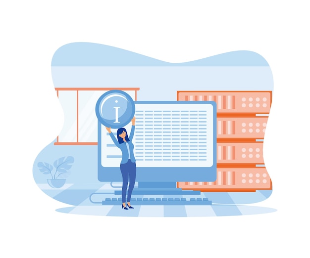 Concept de système d'information de gestion avec une femme devant un écran d'ordinateur à vecteur plat moderne